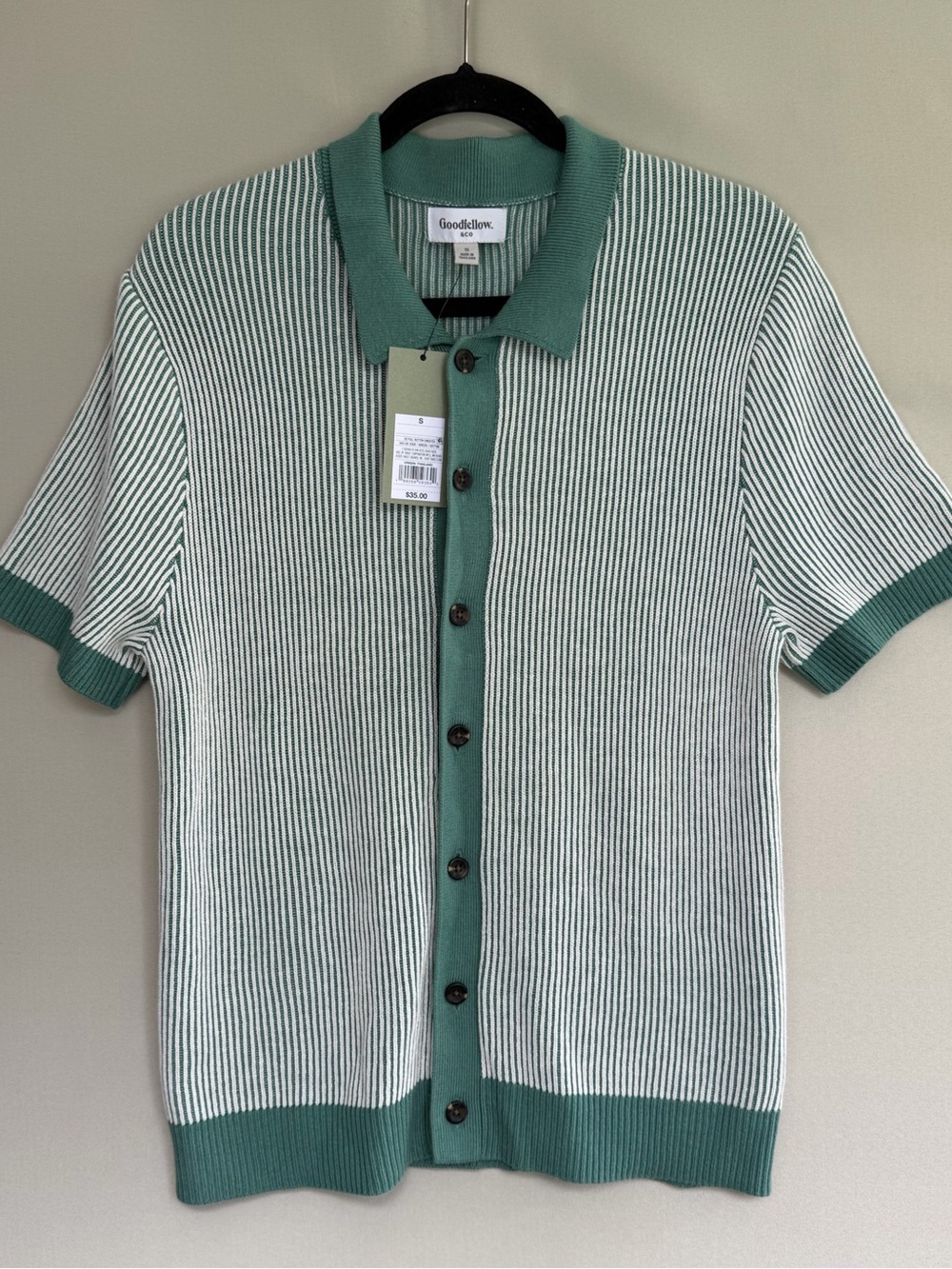 Goodfellow & Co Green and White Short-Sleeve Button-Down Knit Shirt